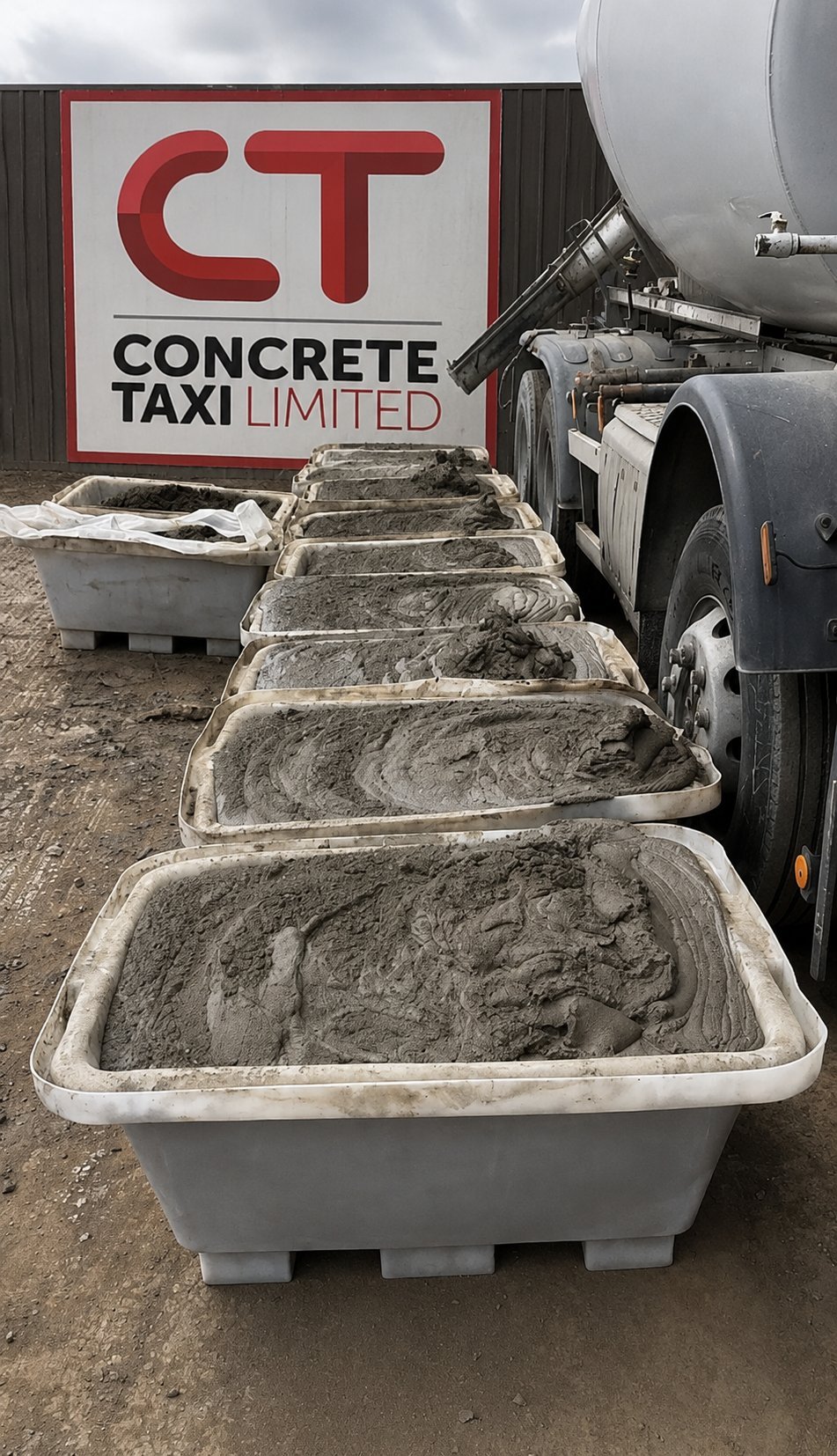Row of white concrete mixer trucks loaded with wet concrete in front of Concrete Taxi Limited company sign